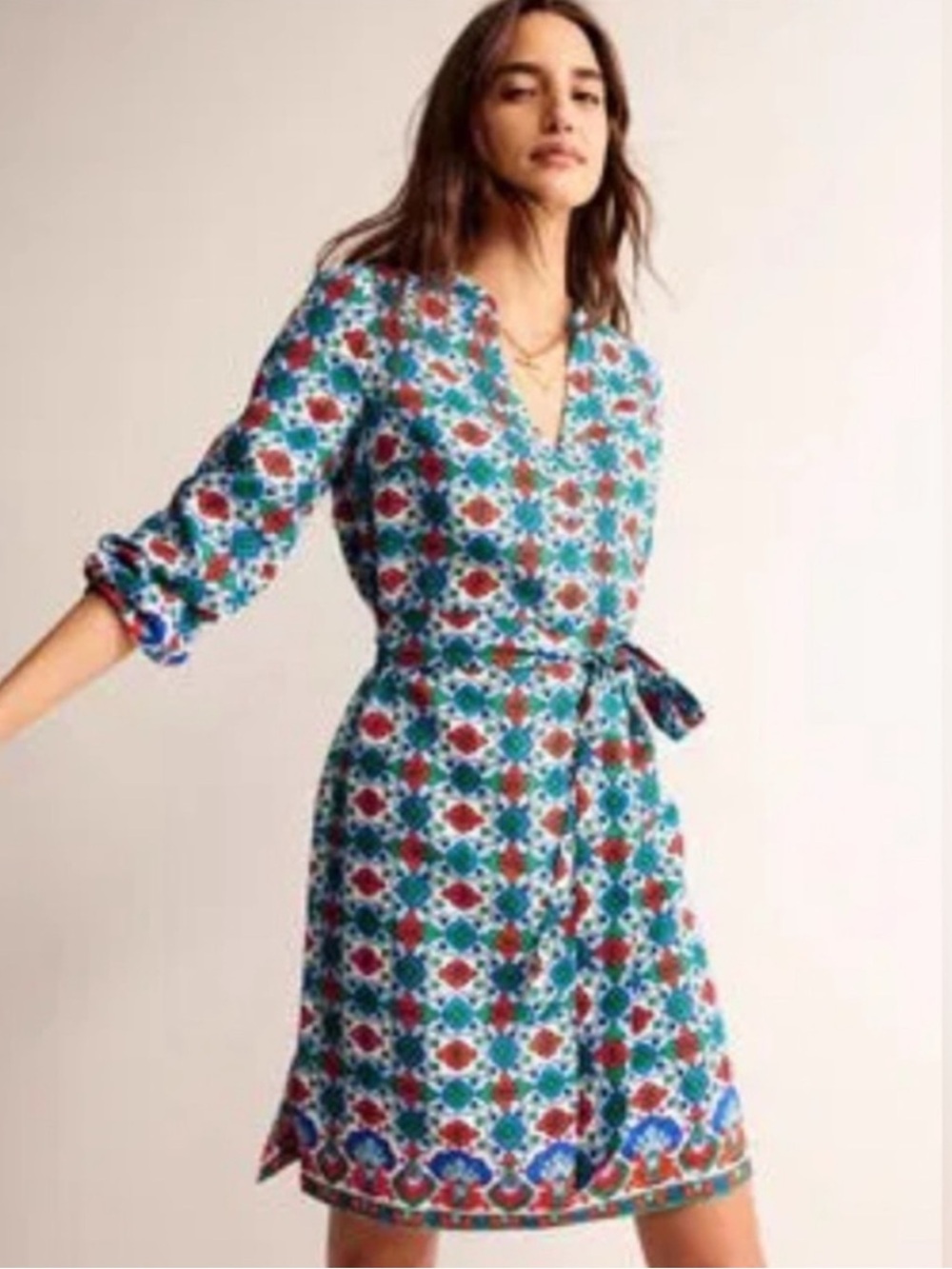 Boden Cleo 100% Linen Tie Waist Dress Coastal Tile Multicolor US 6R
